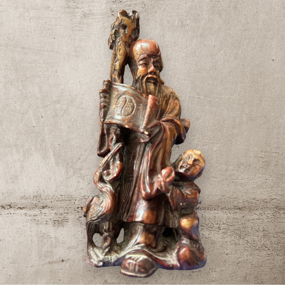 Chinese Rosewood Hand Carved Wise Sage & Child 6.5” tall figure Pisces statue